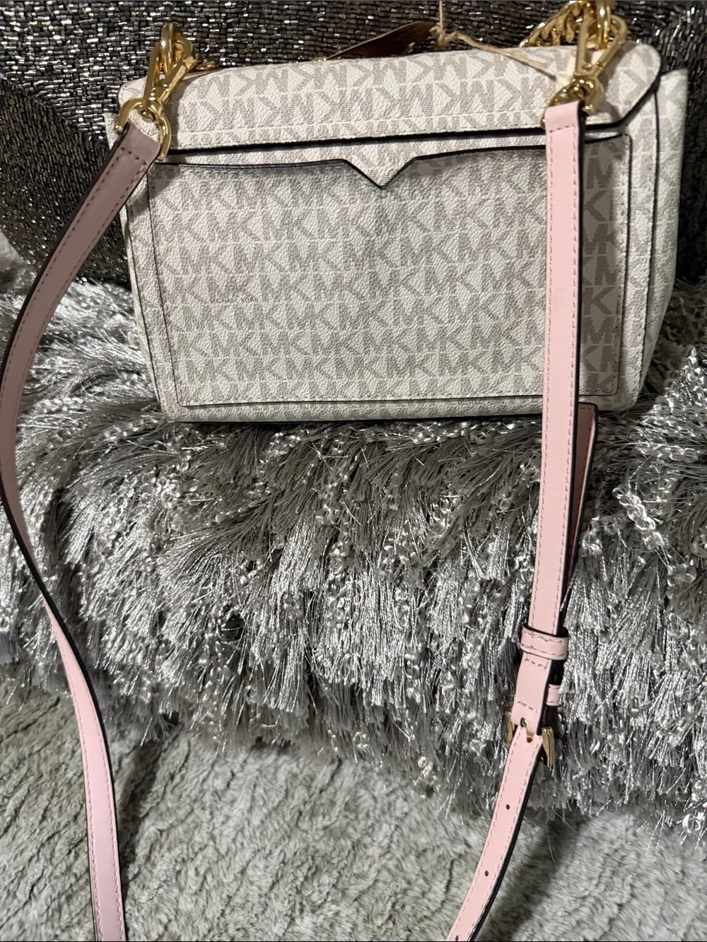 Michael Kors Pink and Vanilla Logo Chain Crossbody